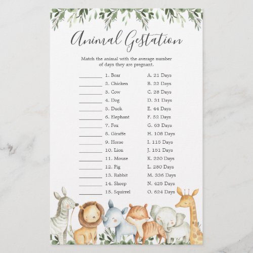 Safari Animals Baby Shower Animal Gestation Game