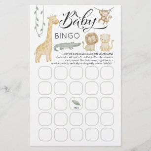 Safari Animals Baby Shower Baby Bingo Game Card