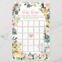 Safari Animals Baby Shower Bingo Cards Girl