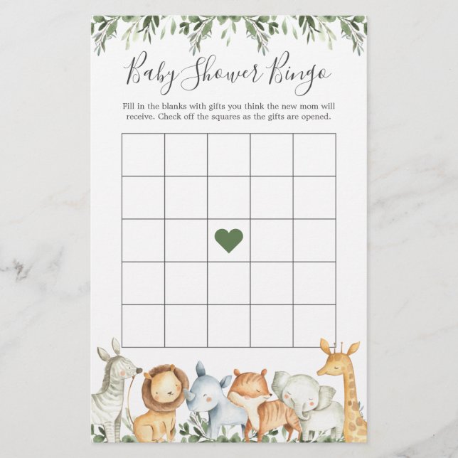 Safari Animals Baby Shower Bingo Game (Front)