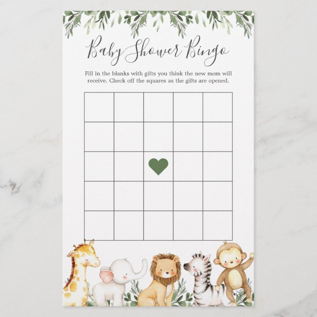Safari Animals Baby Shower Bingo Game (Front)