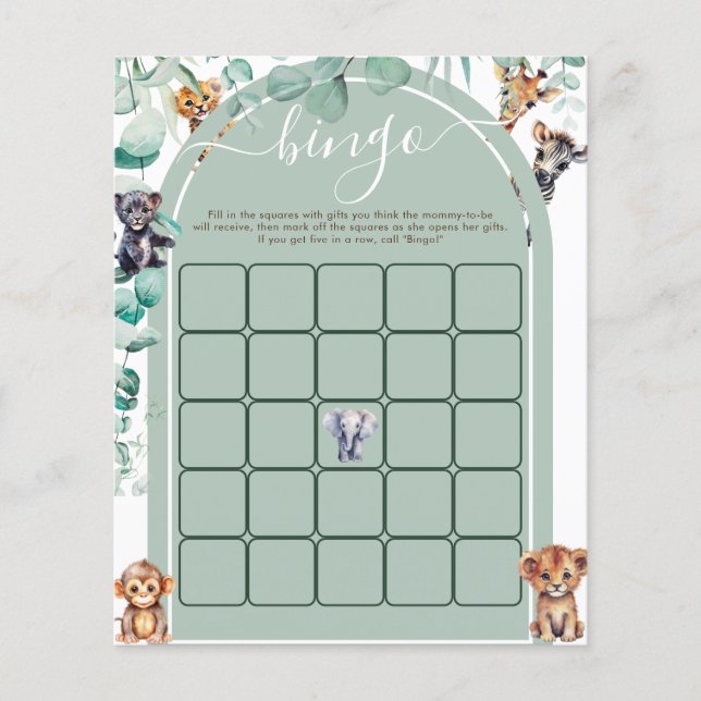 Safari Animals Baby Shower Bingo Game (Front)