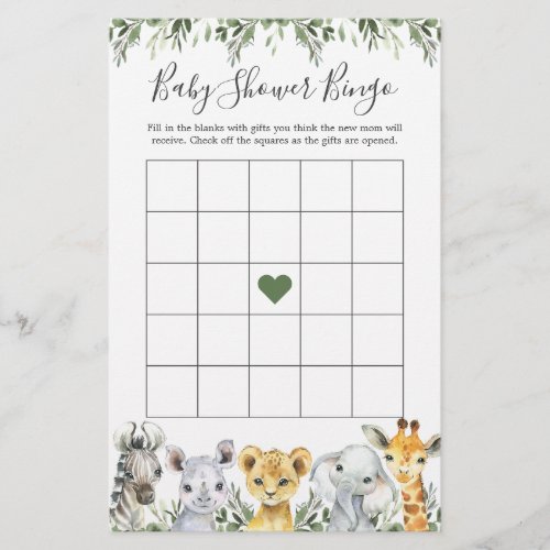 Safari Animals Baby Shower Bingo Game