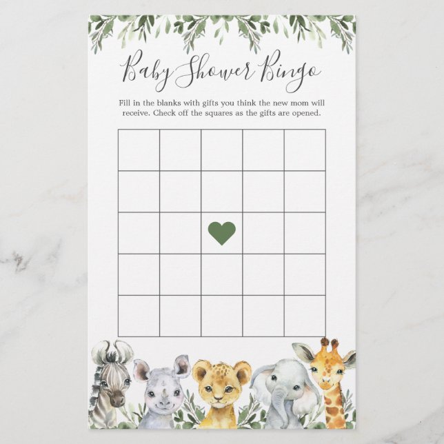 Safari Animals Baby Shower Bingo Game (Front)