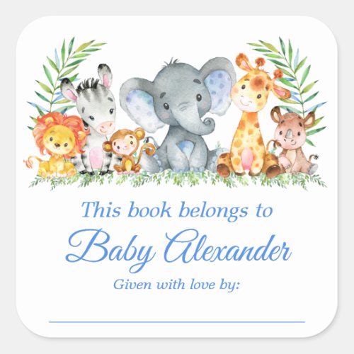 Safari Animals Baby Shower Blue Bookplate Labels