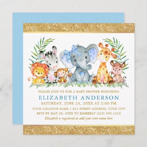 Safari Animals Baby Shower Blue Bow Gold Sq Invitation