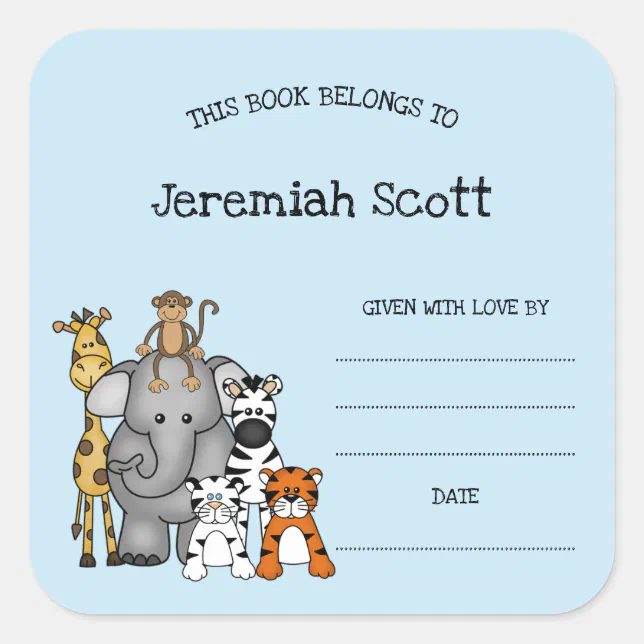 Safari Animals Baby Shower Bookplate sticker (Front)