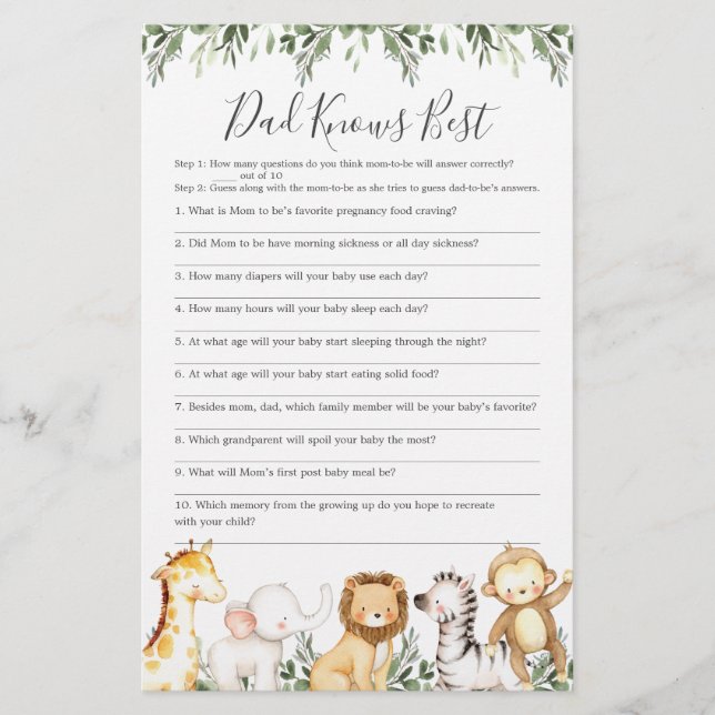 Safari Animals Baby Shower Dad Knows Best Game (Front)