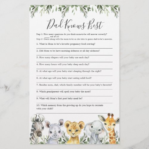 Safari Animals Baby Shower Dad Knows Best Game