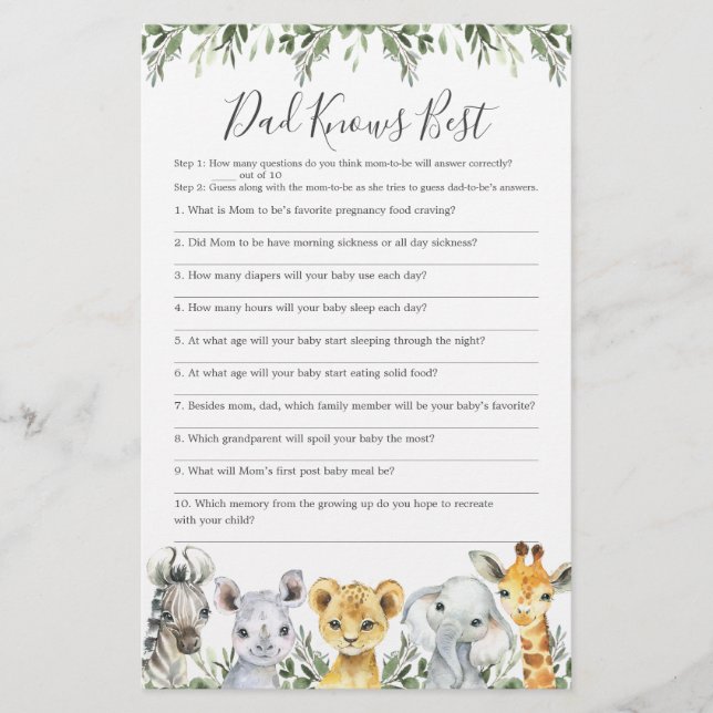 Safari Animals Baby Shower Dad Knows Best Game (Front)