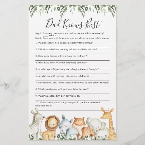 Safari Animals Baby Shower Dad Knows Best Game