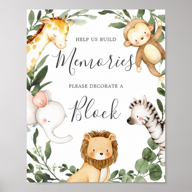 Safari Animals Baby Shower Decorate A Block Sign (Front)