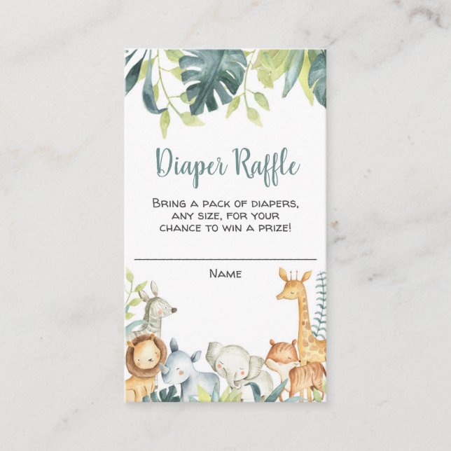 Safari animals baby shower diaper raffle cards (Front)