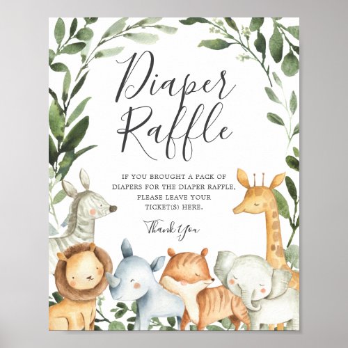 Safari Animals Baby Shower Diaper Raffle Sign