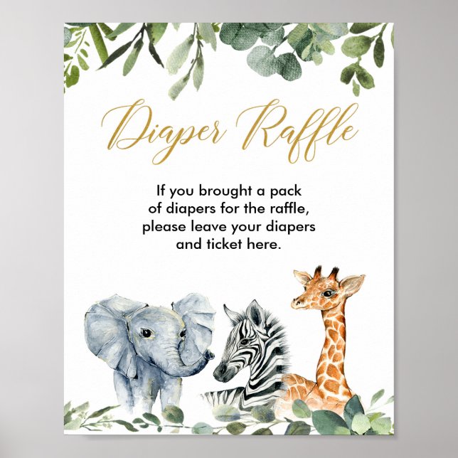 Safari animals baby shower diaper raffle sign (Front)