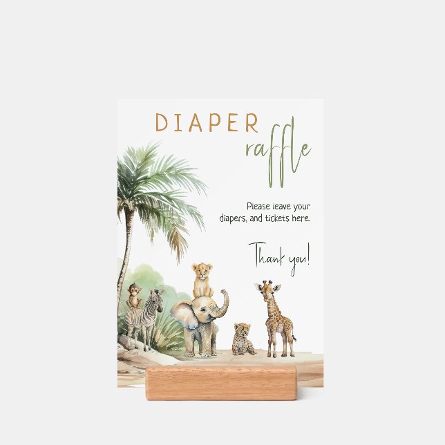 Safari Animals Baby Shower Diaper Raffle Sign Holder (Woodblock)