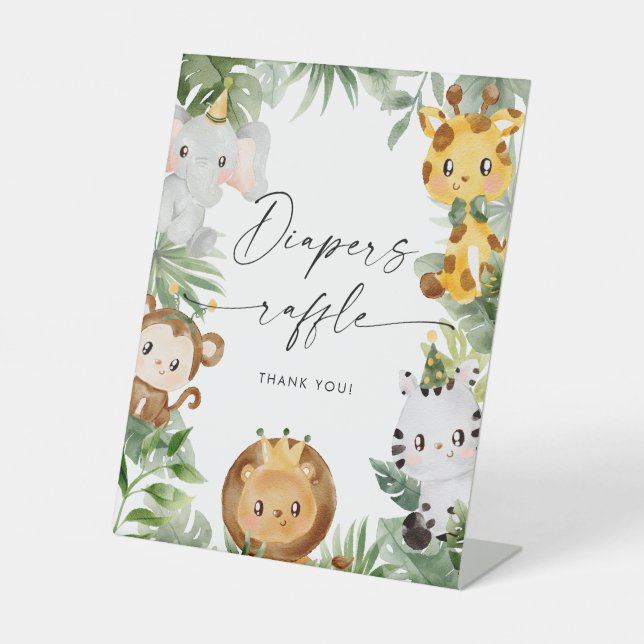Safari Animals Baby Shower Diapers Raffle Sign (Front)