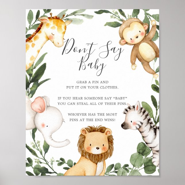 Safari Animals Baby Shower Don't Say Baby Sign (Front)