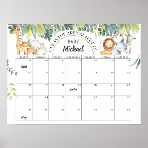 Safari animals baby shower due date guessing games poster