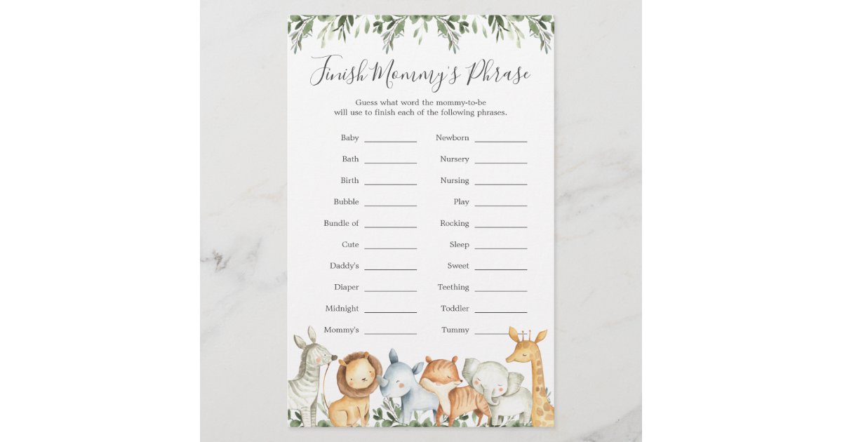 Safari Animals Baby Shower Finish Mommy's Phrase | Zazzle