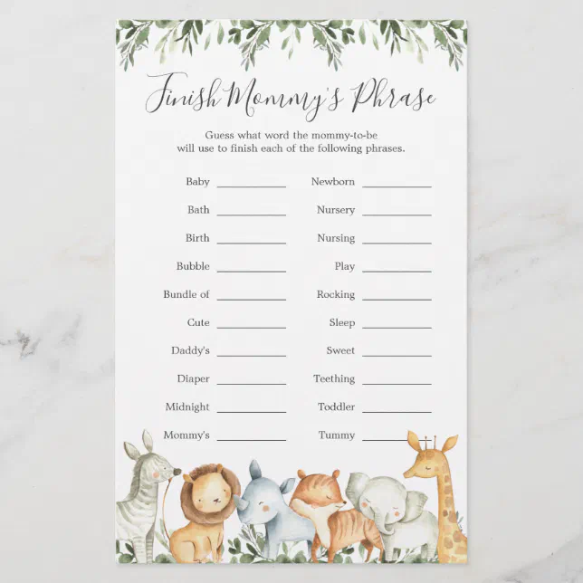 Safari Animals Baby Shower Finish Mommy's Phrase | Zazzle