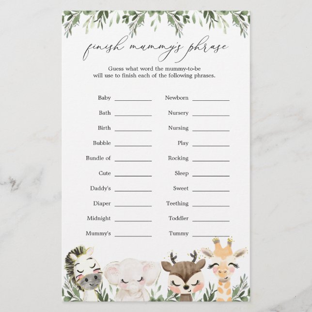 Safari Animals Baby Shower Finish Mummy's Phrase (Front)