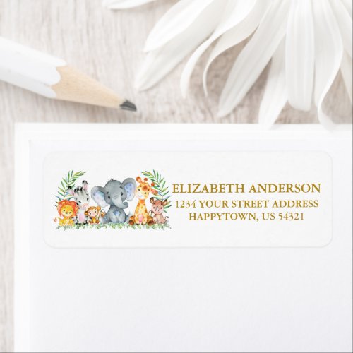 Safari Animals Baby Shower Gold Return Address Label