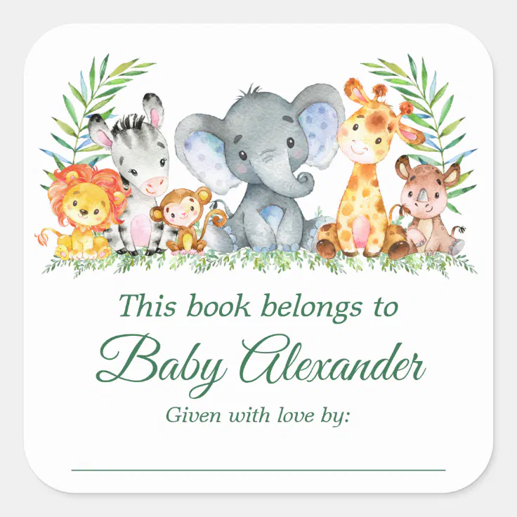 Safari Animals Baby Shower Green Bookplate Labels | Zazzle