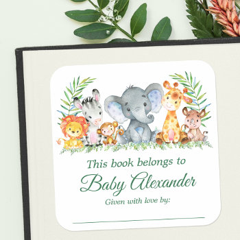Safari Animals Baby Shower Green Bookplate Labels by HappyMemoriesKidsCo at Zazzle