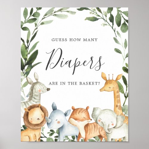 Safari Animals Baby Shower Guess How Many Diapers Poster