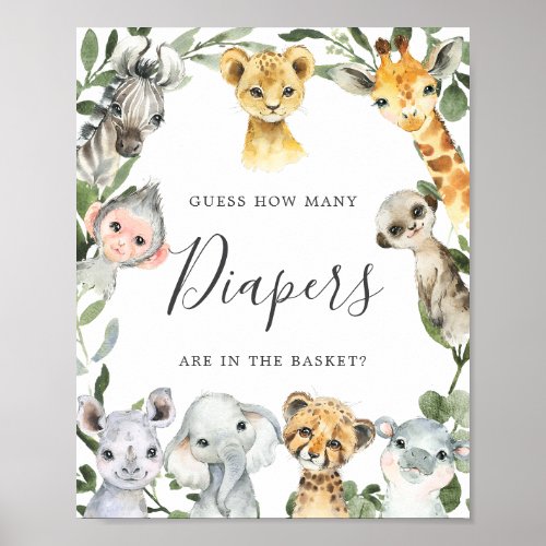 Safari Animals Baby Shower Guess How Many Diapers Poster