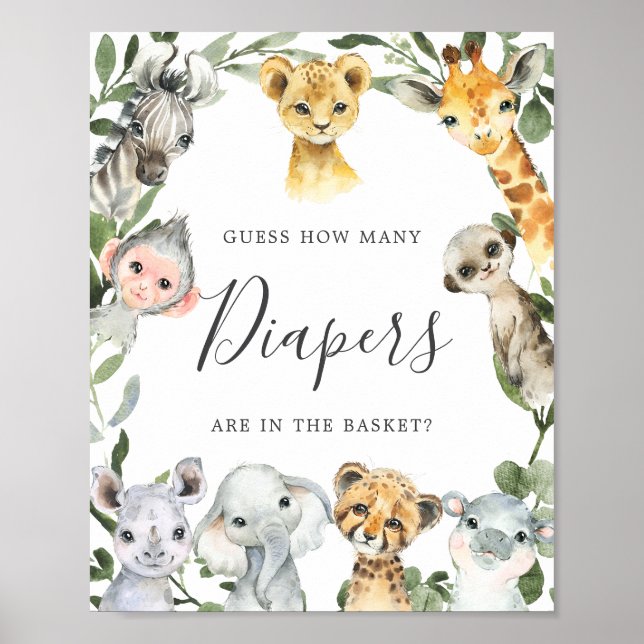 Safari Animals Baby Shower Guess How Many Diapers Poster (Front)