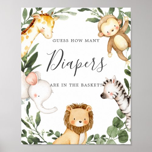 Safari Animals Baby Shower Guess How Many Diapers Poster