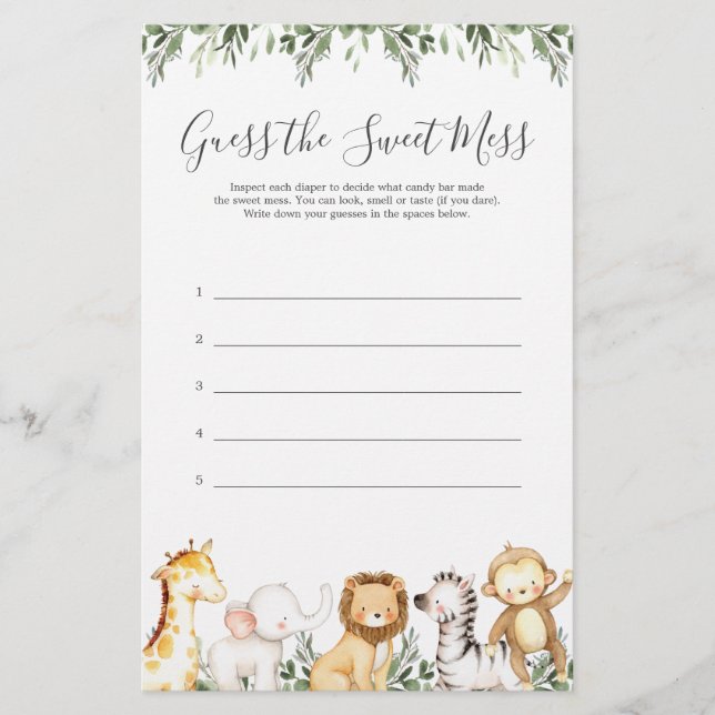 Safari Animals Baby Shower Guess The Sweet Mess (Front)