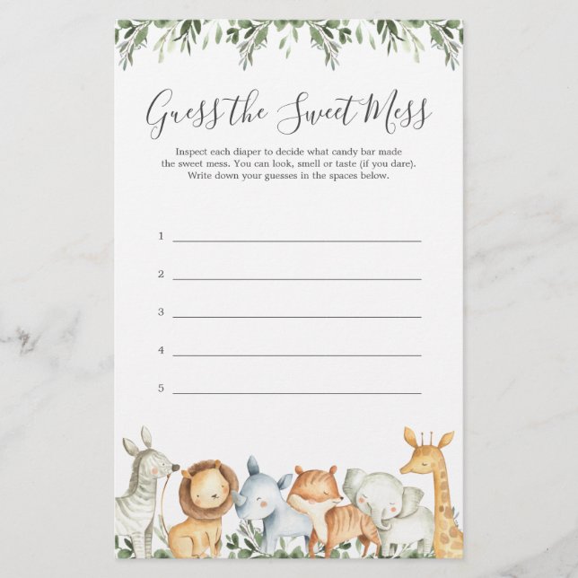 Safari Animals Baby Shower Guess The Sweet Mess (Front)