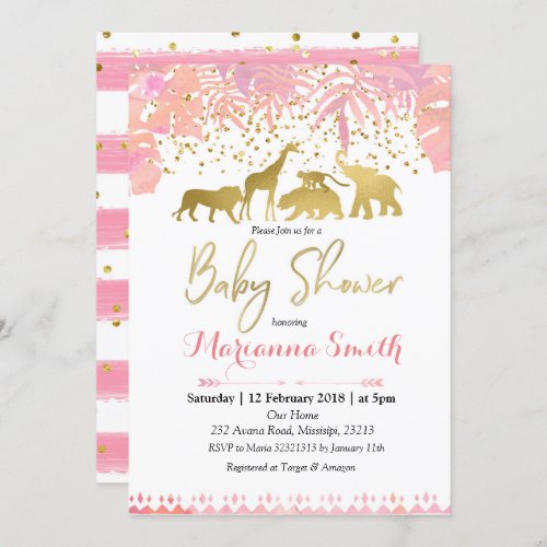 Safari Animals Baby Shower Invitation Pink Gold