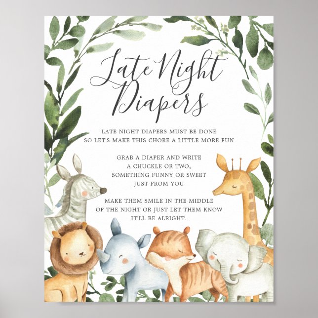 Safari Animals Baby Shower Late Night Diapers Sign (Front)