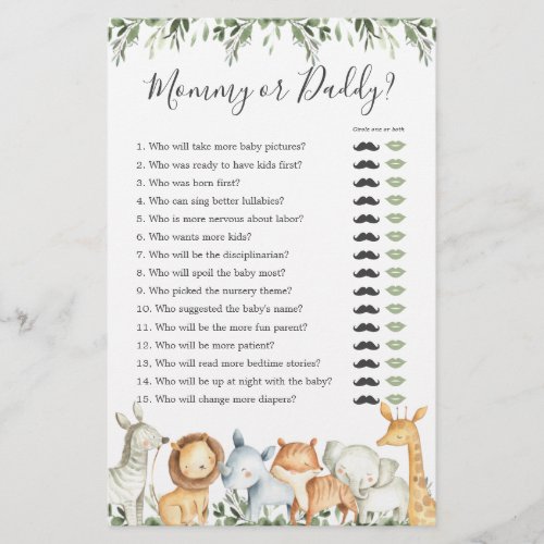 Safari Animals Baby Shower Mommy or Daddy Game