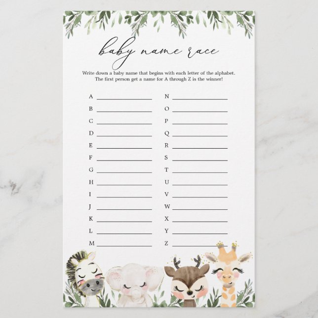 Safari Animals Baby Shower Name Race Game (Front)