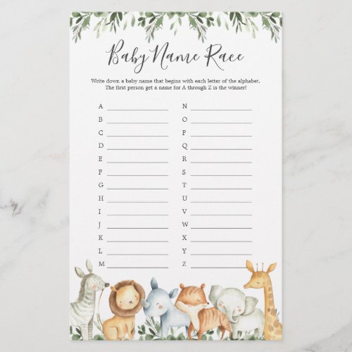 Safari Animals Baby Shower Name Race Game