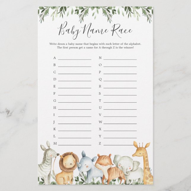 Safari Animals Baby Shower Name Race Game (Front)