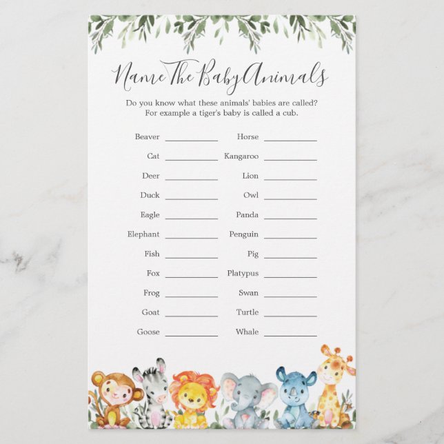 Safari Animals Baby Shower Name The Baby Animals (Front)
