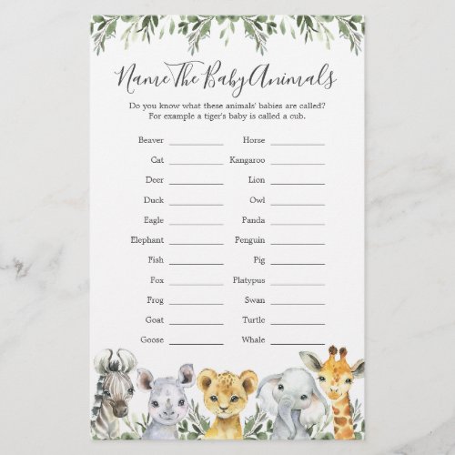 Safari Animals Baby Shower Name The Baby Animals