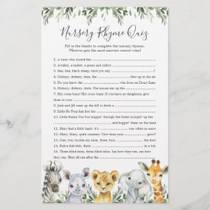 Safari Animals Baby Shower Nursery Rhyme Quiz Game