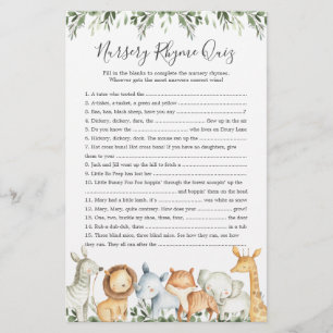 Safari Animals Baby Shower Nursery Rhyme Quiz Game