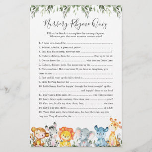 Safari Animals Baby Shower Nursery Rhyme Quiz Game