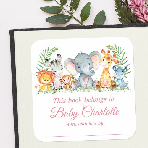 Safari Animals Baby Shower Pink Bookplate Labels