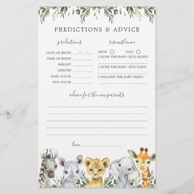 Safari Animals Baby Shower Predictions and Advice (Front)