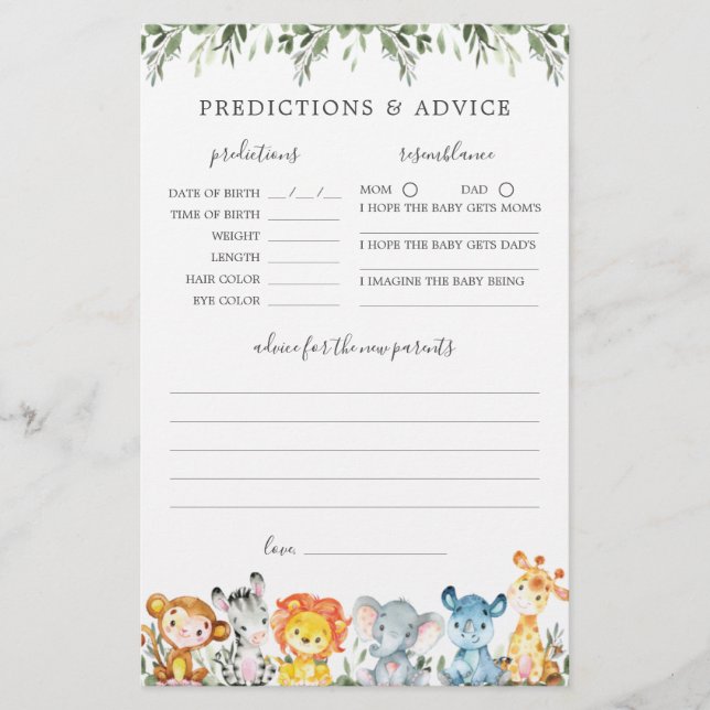Safari Animals Baby Shower Predictions and Advice (Front)