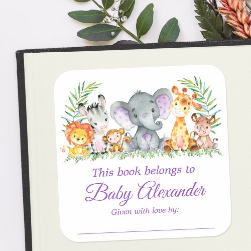 Safari Animals Baby Shower Purple Bookplate Labels